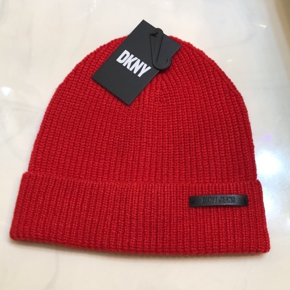 DKNY Ribbed Knit Cuffed Beanie Hat Color Scarlet Red Logo Accent OS NWT - Picture 15 of 15